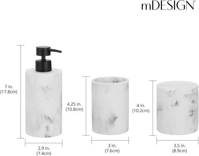 mDesign Printed Resin 3-Piece Bathroom Vanity Countertop Accessories - Soap Dispenser, Tumbler Rinsing Cup, and Canister Holder Sets - Complete Modern Counter Aesthetic - Set of 3 - Marble