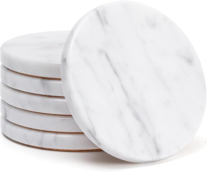 Soft White Marble Coasters Set of 6, Modern Elegant Drink Coasters for Coffee Table, 4" Round Polished Natural White Stone Coaster with Grey Veins - Heat Resistant, Non-Slip, Housewarming Gift