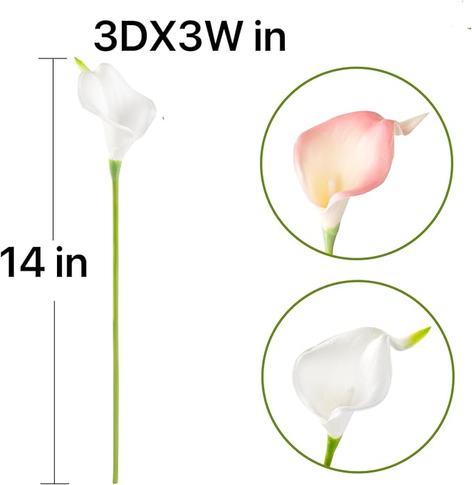 Floral Kingdom 20 Pack Artificial Calla Lily Flowers 14 Inch White - Real Touch Faux Flowers for Home Decor, Table Centerpieces, Entryway Consoles and Weddings