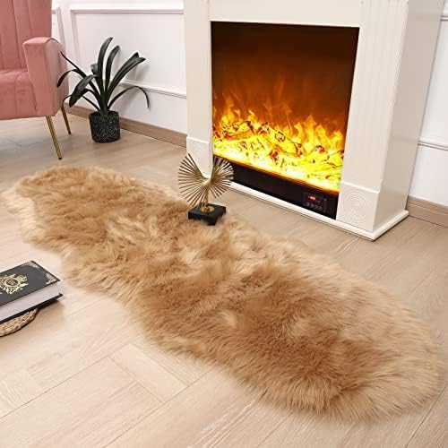 Faux Fur Sheepskin Runner Rug Brown 2x6 ft Ultra Soft Shaggy Plush Fluffy Fuzzy Area Carpet Decorative Chair Cover Floor Mat for Bedroom Sofa Living Room Bedside