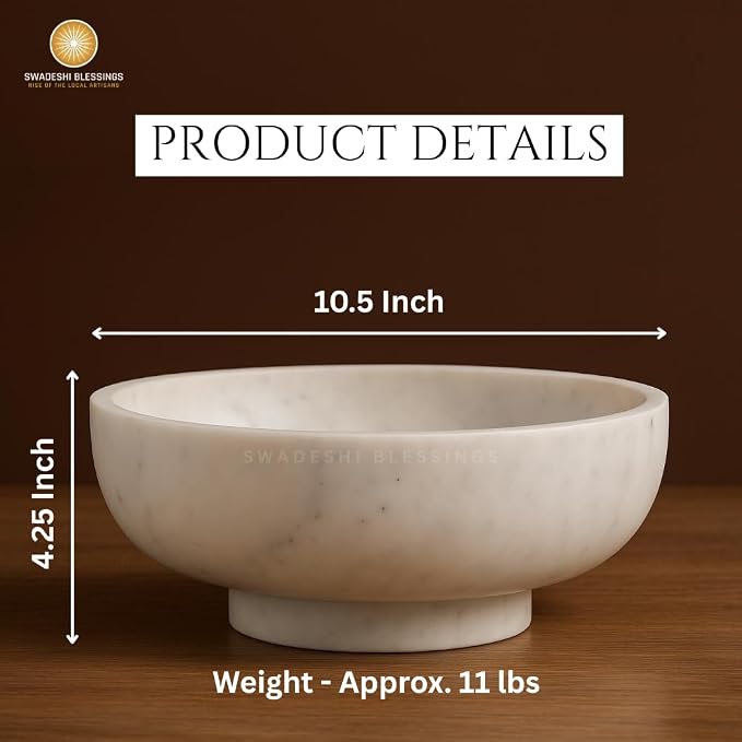 SWADESHI BLESSINGS Handcrafted Large Decorative Bowl for Home Decor, Marble Fruit Bowl for Kitchen Counter, Key Bowl for Entryway Table, Marble Pedestal Bowl for Dining Table Centerpiece Decor, 10.5”