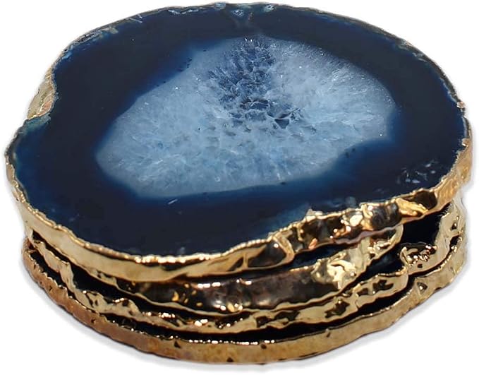 Nature's Decorations Blue Gold Rimmed Agate Stone Coasters - Set of 4, Polished Geode Drink Mats for Dining & Coffee Table & Kitchen Geode Decor Non-Toxic 3.5-4" Diameter