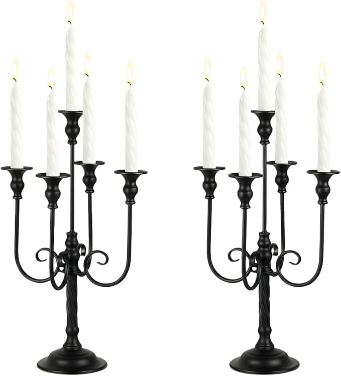 Candelabra Centerpieces for Tables, 2Pcs Metal Tall Candle Holder for Taper Candles, 5 Arm Candlestick Holder for Wedding Centerpiece Decor Party Event Reception Decoration，Black,19.7in-2pcs