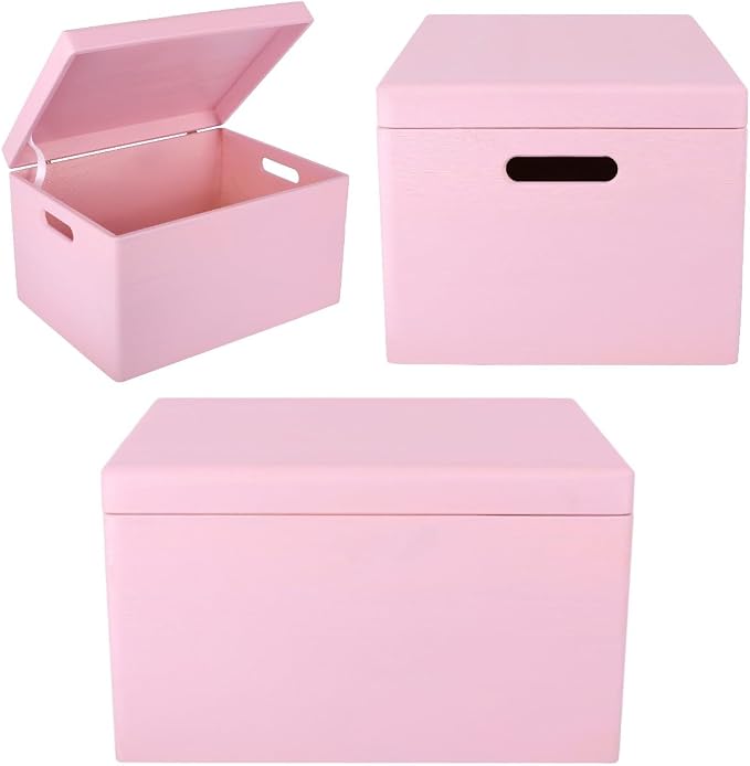 Creative Deco Large Pink Wooden Box Storage with Hinged Lid | 15.8x11.8x9.44in (+-0.5) | Keepsake Gift Box Storage Document | Wood Chest Trunk PRODUCT NOT INTENDED FOR 15 YEARS OR BELOW | Solid pine storage box with a lid for keepsakes, crafts, station...