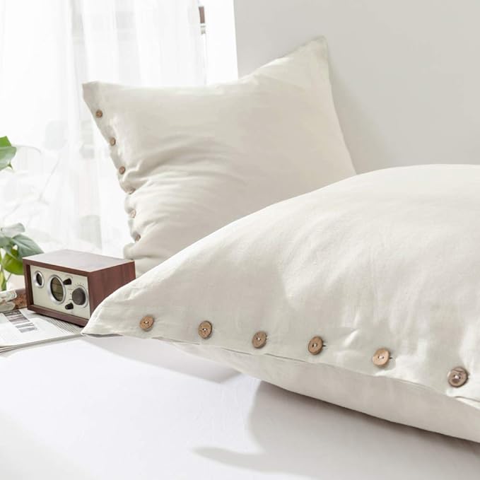 Simple&Opulence 100% Washed Linen Euro Sham Cover, 26 x 26 Inch, Decorative Bed Pillow Cover with Coconut Button, Solid Color Pillow Shams Set of 2 (Natural Linen)
