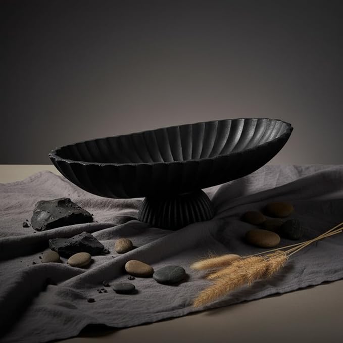 14.5" Large Decorative Long Bowl - Black Fluted Scalloped Decorative Bowls for Home Decor - Ruffle Decor,Stylish Key Bowl for Entry Table,Decorative Fruit Bowls for Kitchen Counter