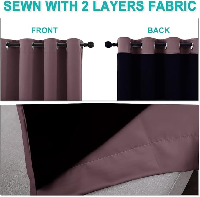 NICETOWN Living Room Completely Shaded Draperies, Privacy Protection & Noise Reducing Ring Top Drapes, Black Lined Insulated Window Treatment Curtain Panels (Dry Rose, 2 Pieces, W46 x L72)