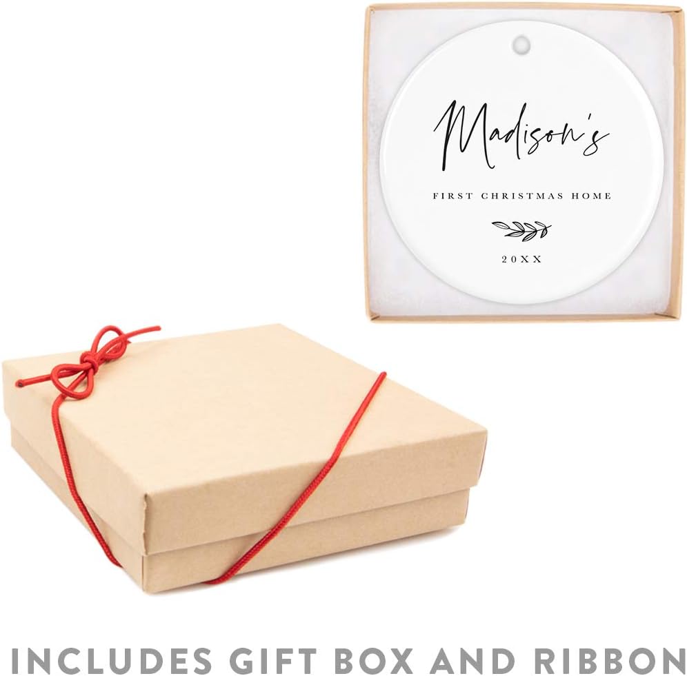 Andaz Press Personalized Adoption Round Ceramic Porcelain Christmas Tree Ornament Keepsake Collectible Gift, Madison's First Christmas Home 2024, Antique Handdrawn, 1-Pack