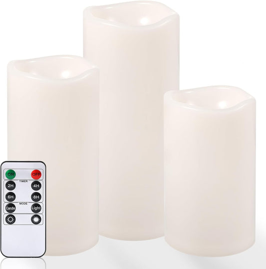 NURADA Large Outdoor Flameless Candles 6" 8" 10" x 5" - Waterproof LED Pillar Flickering Candle Battery Operated with Timer Remote for Patio Porch Lanterns - Ivory White Set of 3