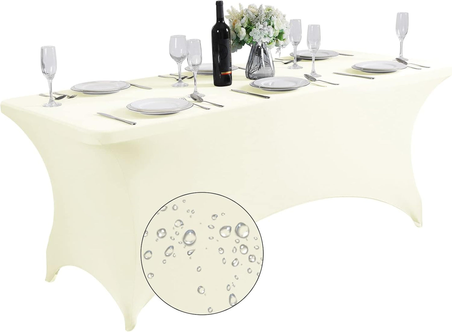 SuperO Waterproof Spandex Table Cover for 6FT Table Universal Fitted Stretch Tablecloth for Party, Banquet, Wedding and Events-Ivory