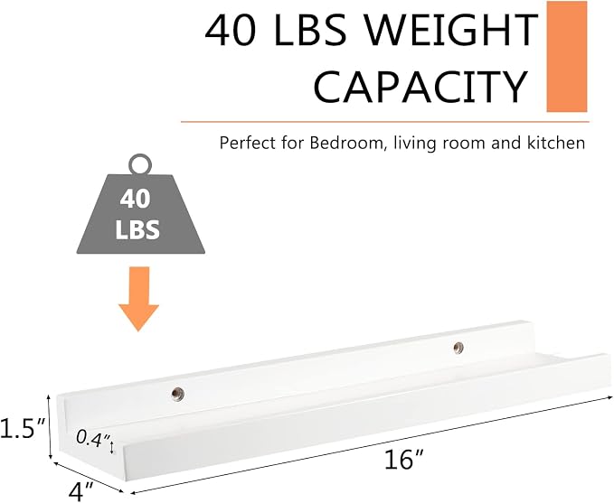 16-Inch White Solid Wood Floating Shelf for Wall Decor, 1-Pack | Premium natural wood ledge for wall storage. Sturdy shelf for home office, living room and kitchen