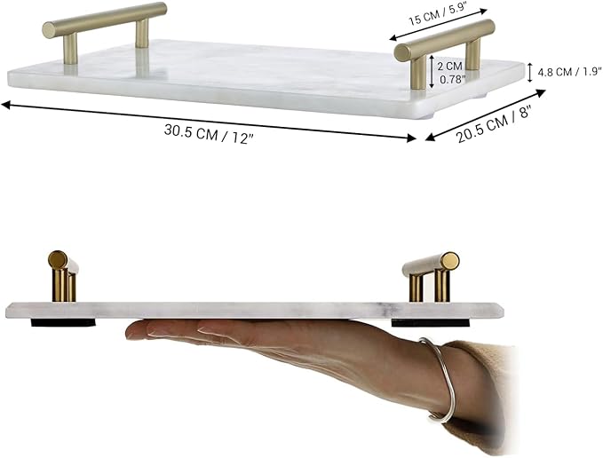 Queenza White Marble Decorative Tray with Gold Handles (12 x 8 Inch) | Luxury Stone Vanity Tray for Bathroom, Kitchen Counter, Coffee Table & Dresser Organization