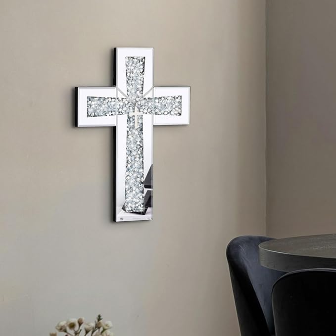 Aeveco Cross Wall Decor, Silver Mirrored Cross for Living Room, Crystal Crush Diamond Mirror Crosses, Religious Wall Art, Home Decor