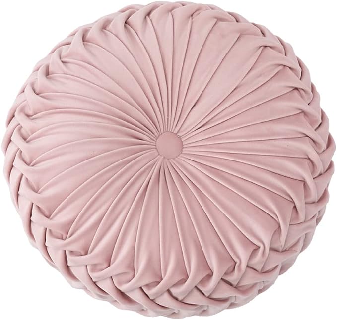 NatureMan 13.7 inch Round Sofa Cushion Pure Color Velvet Home Decor, Pleated Round Cushion, Pumpkin Pillow Suitable for Home Bed car Decoration (Pink)