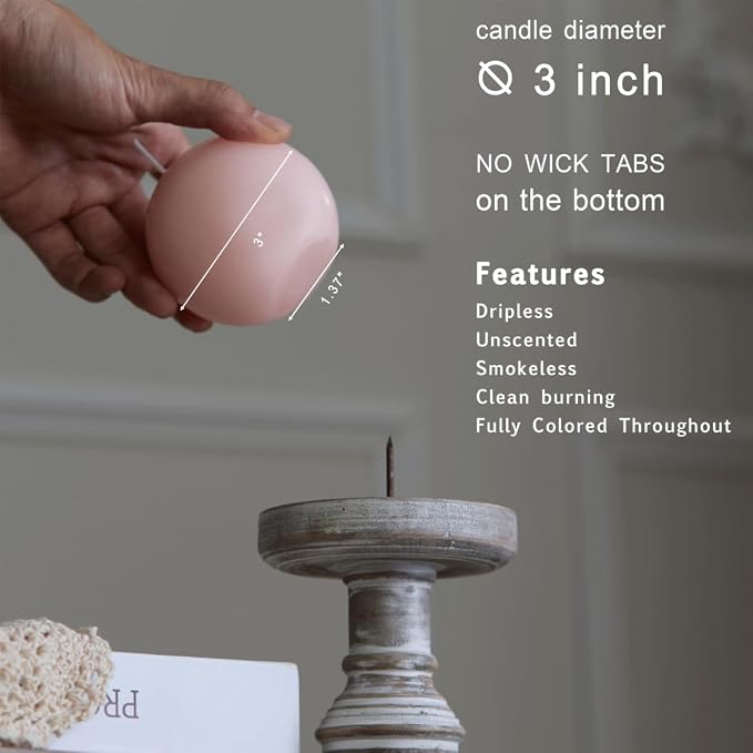 MOZEAL Hand-Poured, 3 Inch Pearl Blush Round Ball Candles - Elegant Pearl Blush Round Pillar Candles Set of 3, Dripless, Unscented, Smokeless, Ideal for Weddings and Elegant Celebrations.