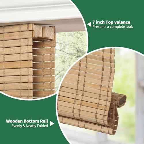 SMONTER Bamboo Roman Shades for Windows-Cordless Wooden Woven Blinds Light Filtering Bamboo Roll up Shades UV Protection and Easy Set up for Door and Countryhouse, 22" W x 64" H, Natural