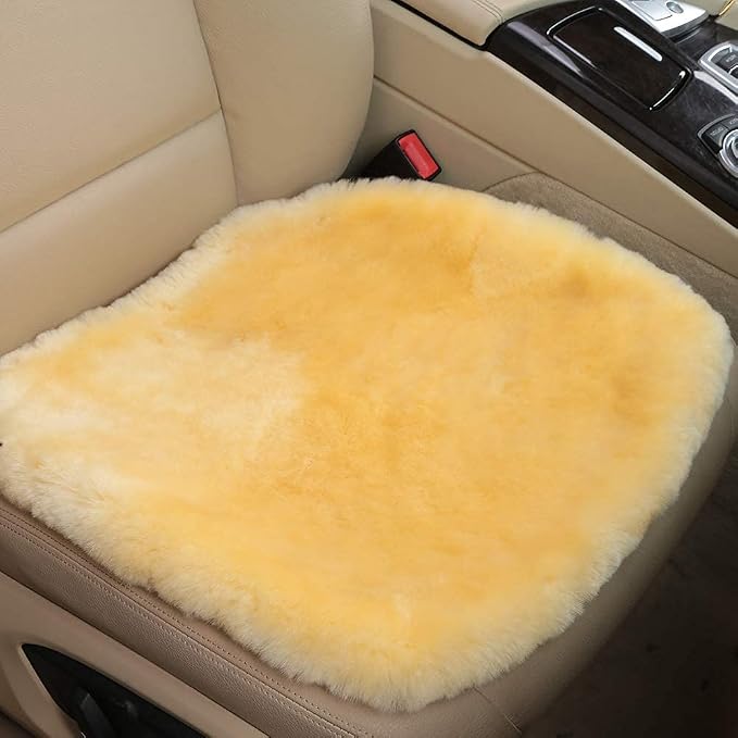 OGLAND Fuzzy Genuine Sheepskin Car Seat Cover for Auto Seat Cushion Pad Interior Accessories with Soft Fluffy Wool Natural Fur (Golden Yellow, Front)