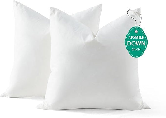 APSMILE Down Feather Throw Pillow Inserts, 24x24 Pillows Set of 2 with Organic Cotton Cover, Soft Square Decorative Pillows for Couch Living Room, Sofa, and Bed（White）