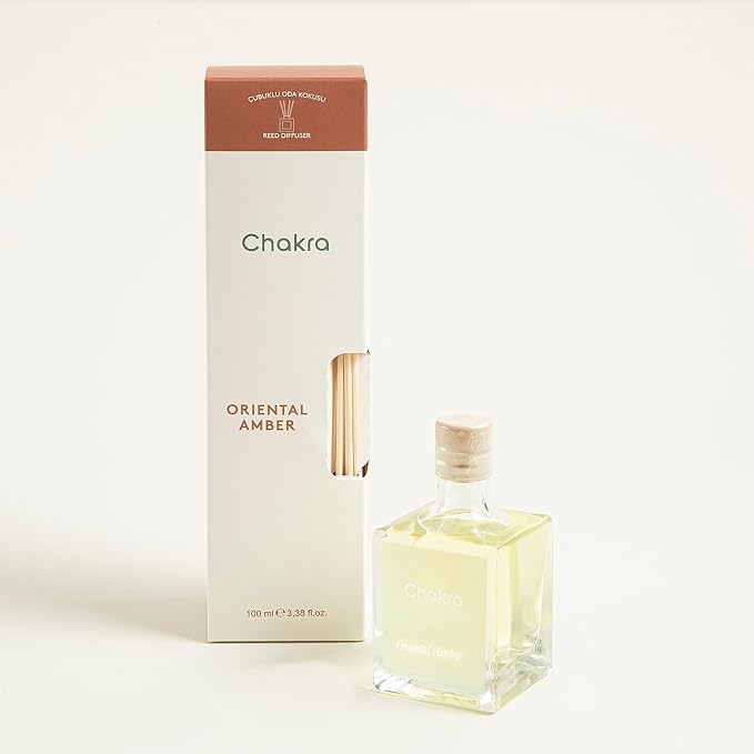 Chakra Reed Diffuser Set - Reed Diffusers for Home, Office and Living Spaces with Long-Lasting Fragrance, Scent Diffuser with Decorative Glass Bottle & Bamboo Sticks, 3.3 fl oz, Oriental Amber