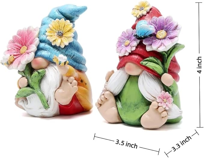 Hodao 2PCS Spring Flower Gnome Figurines Decorations - Resin Summer Gnomes Plush Decor for Indoor Garden Office, Cute Floral Gnome Ornaments Gift for Housewarming, Birthday, Holiday