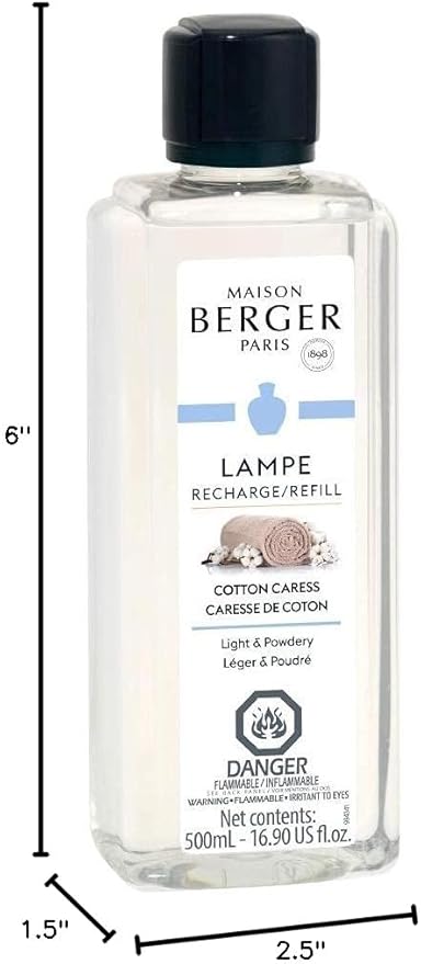 MAISON BERGER Cotton Caress Lampe Berger Refill, 500 ml (16.9 fl oz), 2-in-1 Catalytic System, Neutralizes Odors and Diffuses Fragrance, Rose, Fresh Notes, Aldehydes, Orange Blossom, Made in France