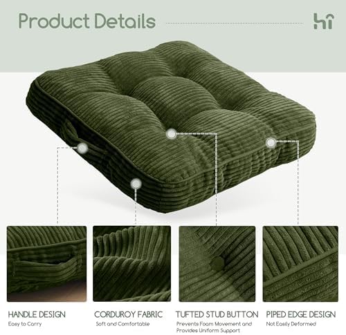 HIGOGOGO Floor Pillow Cushion for Adults, Meditation Cushion Pillow, Large Square Floor Sitting, Tufted Corduroy Cover, for Tatami Living Room or Yoga, 2Pack, Dark Green