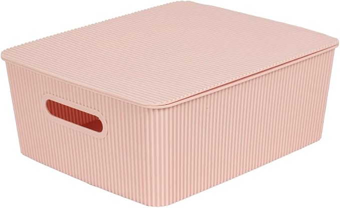 Glad Storage Baskets with Lids - Set of 4 Stackable Plastic Boxes with Handles - Decorative Shelf Organizer Bins for Bathroom and Closet, Pink, 3.1 Gallon