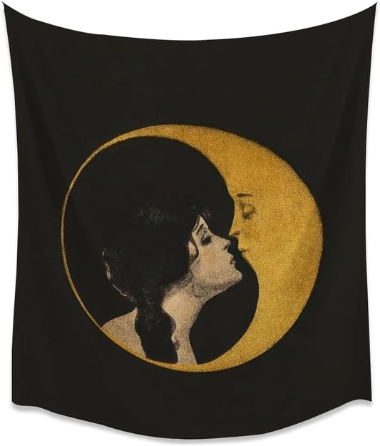 Dark Academia Woman Kissing Moon Art Tapestry Gothic Aesthetic Wall Hanging Witchy Picture Print Moon Goddess Tapestries Wall Decor for Living Room Bedroom Dorm 30x40inch