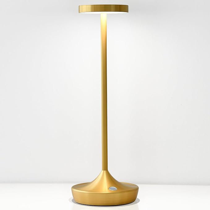 Gold Cordless Table Lamp, Rechargeable 6000mAh Battery LED Desk Lamp, Portable Metal Touch Lamp with 3-Level Dimming, Waterproof Light for Restaurant, Dining Table, Patio & Home Decor(Gold)