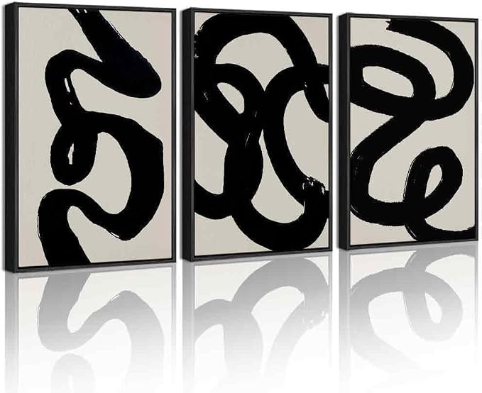 PHOPAGO Black Abstract Modern Framed Wall Art Ink Wash Minimalist Thick Black Lines Paints Artwork Bedroom Living Room Home Decor - 12x16in Black Framed