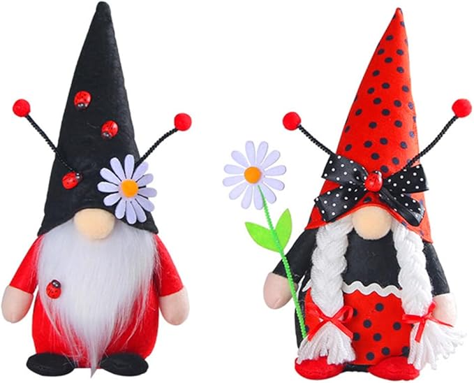 Eimilaly Daisy Ladybug Gnome Decorations for Home, Tomte Gnomes Decor Set for Holiday Ornaments or Other Theme Party Gnome Decor - 2PCS