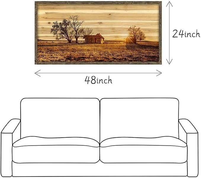 Farmhouse Wall Art Framed Picture: Large Country Farm Landscape Scene Wood Painting Decor Rustic Long Barn Old Cabin Print Horizontal Big Sunset Nature Countryside View Artwork for Living Room Bedroom