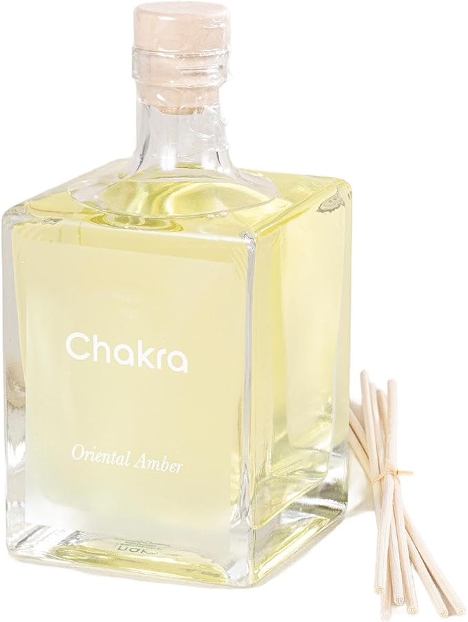 Chakra Reed Diffuser Set - Reed Diffusers for Home, Office and Living Spaces with Long-Lasting Fragrance, Scent Diffuser with Decorative Glass Bottle & Bamboo Sticks, 17 fl oz, Oriental Amber