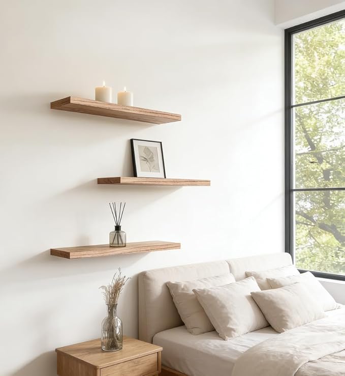 Rustic Wood Floating Shelves for Wall, Wooden Wall Shelves for Bedroom, Wall Mounted Shelves for Living Room, Set of 4 Light Brown 16 Inch