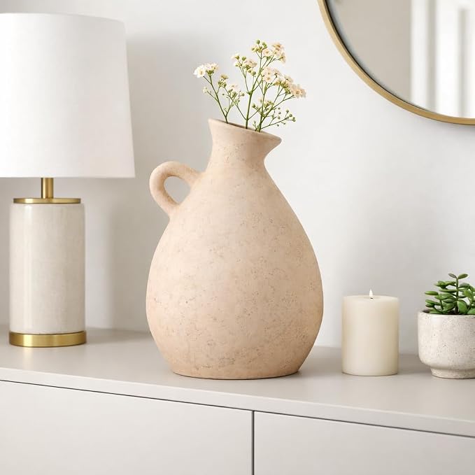 Terracotta Jug with Handle Vase for Living Room Decor - Decorative Home Accents for Bedroom, Office, and Table Centerpiece - Modern Flower Vase for Kitchen Counter and House Styling - 17", Ivory & Tan