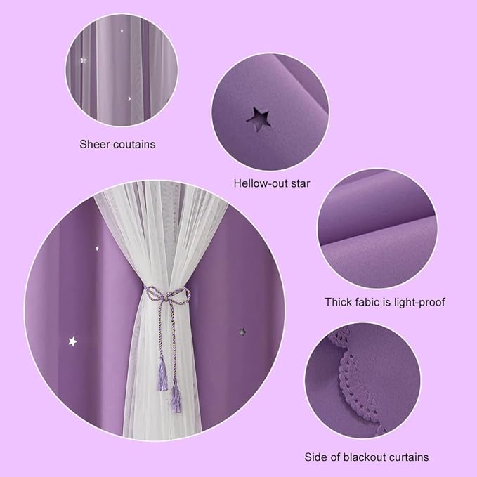 FANLI Ombre Rainbow Blackout Curtains for Kid Girls Bedroom Living Room Darking Stripe Double Layer Star Cut Out Wall Home Decor Gradient Grommet Window Curtains (Purple 72L)