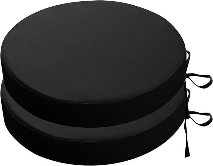 SK Studio Round Outdoor Chair Cushions for Patio Furniture, Set of 2 Waterproof Patio Chair Cushion with Adjustable Ties for Garden Sofa Couch, Black, 16"x16"x2"