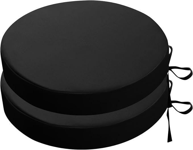SK Studio Round Outdoor Chair Cushions for Patio Furniture, Set of 2 Waterproof Patio Chair Cushion with Adjustable Ties for Garden Sofa Couch, Black, 20"x20"x2"
