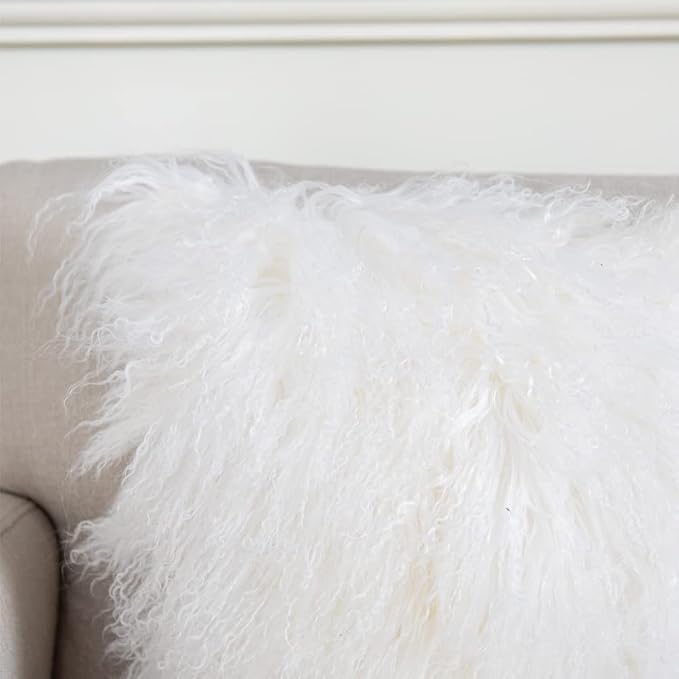 Mongolian Lamb Fur Throw Pillow Cover (16'' x 16'', White), Real Sheep Fur Decorative Cushion Cover Case Home Decorative Square Throw Pillow Cover Plain Wool Pillow Protector