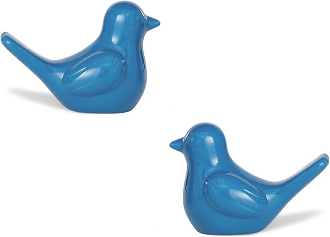 Small Blue Bird Statue Ceramic 2-Piece Set, 3¾ inch Cute Knick Knack for Home Office Shelf Desk Decor