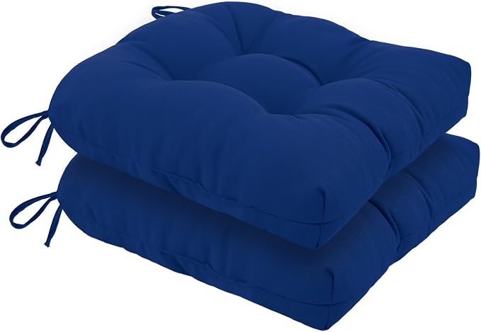 idee-home Outdoor Chair Cushions Set of 2, Patio Seat Cushions | Tufted Thick 17 x 17 x 5 Inch Cushions for Outdoor Furniture Waterproof with Ties, Dining Pads Dark Cerulean
