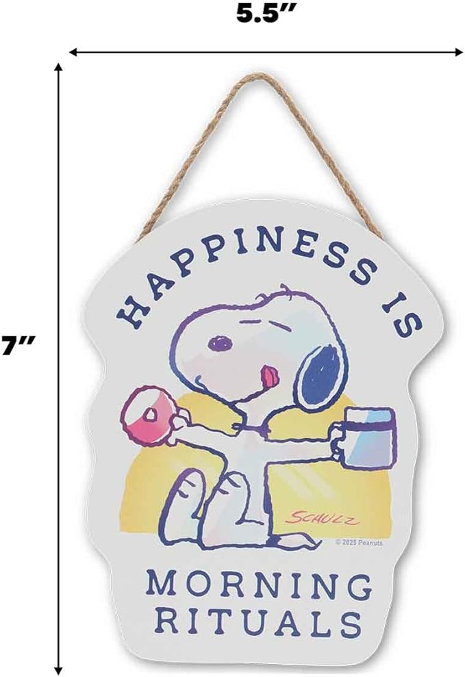 Peanuts Snoopy Happiness is Morning Rituals Hanging Wood Wall Decor - Cute Snoopy With Coffee Sign for Home or Office