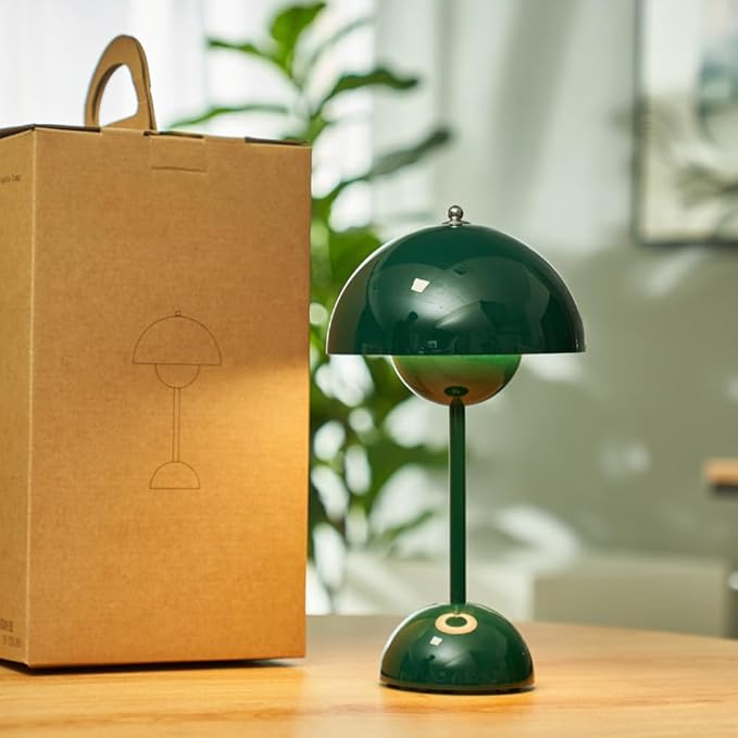 Modern Flower Bud Lamp 12" Cordless Touch Lamp Dimmable 2600mAh Rechargeable Desk Lamp Nordic Minimalist Mushroom Lamp Nightstand Bedside Lamp for Bedroom Living Room(Dark Green) No Reading Light