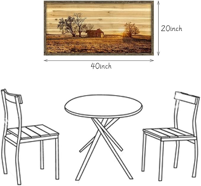 Farmhouse Picture Framed Wall Art: Large Bedroom Wooden Farm Country Painting Horizontal Old Barn Cabin Sunset View Artwork Big Panoramic Nature Landscape Natural Scene Print for Home Living Room