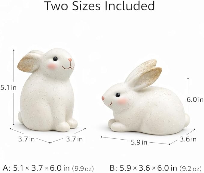 GoGnome Set of 2 Resin Easter Bunny Figurines – Speckled Ivory Rabbit Decor, Hand-Painted Spring Home Accents for Shelf, Mantel & Tabletop Easter Decoration Indoor (Off White)