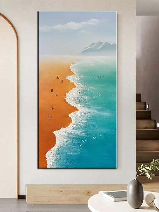 YaSheng Art - 24x48inch landscapes Abstract Art Painting Oil Painting on Canvas Texture Blue Ocean scenery sandbeach Paintings HandMade Canvas Wall Art Paintings Modern Home Decor Art Living room sofa bedroom dining room hanging pictures