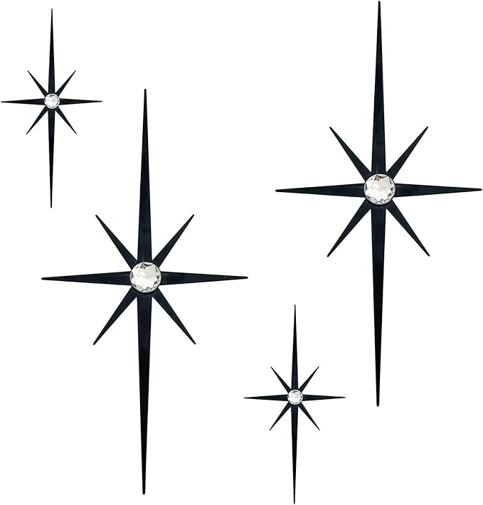 4 Pack Metal Star Wall Art 8 Pointed Starburst Wall Decor Set with 2 Large & 2 Small Pieces Mid Century Celestial Metal Wall Sculpture for Bedroom Living Room Office Gallery Wall