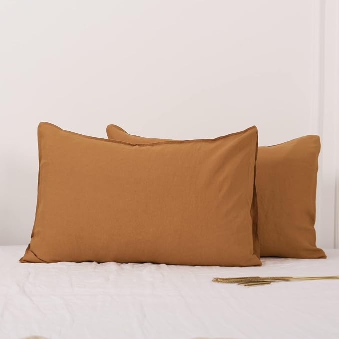 Simple&Opulence 100% Linen Pillowcases Basic Style Solid Color Set of 2, King Size Stone Washed Flax Pillow Cover Envelope Closure (20''x40'', Rust)