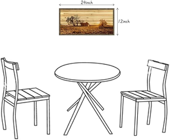 Bedroom Framed Wall Art Picture: Farmhouse Country Barn Wooden Painting Living Room Horizontal Nature Landscape Sunset View Print Long Panoramic Rustic Farm Cabin Sunrise Scene Artwork for Home
