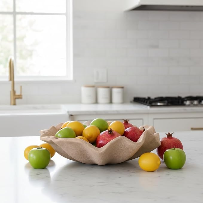 16.34" Large Sandstone Decorative Bowl Decor, Scalloped Pedestal Bowls for Modern Home Decor, Ruffle Decor,Stylish Key Bowl for Entry Table, Decorative Fruit Bowl for Kitchen Counter, Beige